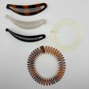 Lot of 3 Scünci Banana Hair Clip Holders Black Brown Clear & 2 Stretch Combs